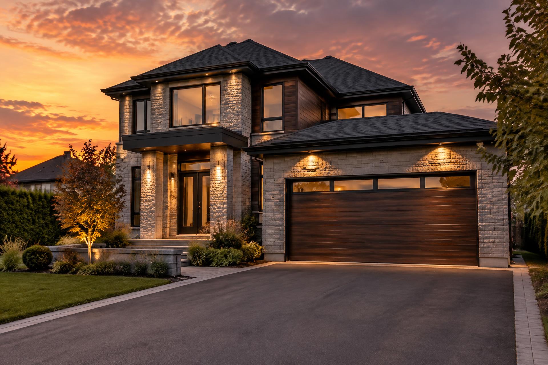 Modern home with a premium sectional garage door at dusk